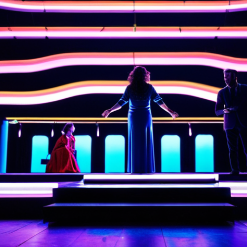 연극 무대 기술 - Light & Atmosphere**

"A vibrant theatrical stage bathed in colorful LED lighting, creating a dynami...