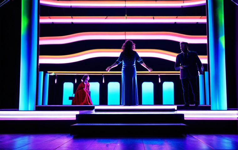 연극 무대 기술 - Light & Atmosphere**
"A vibrant theatrical stage bathed in colorful LED lighting, creating a dynami...