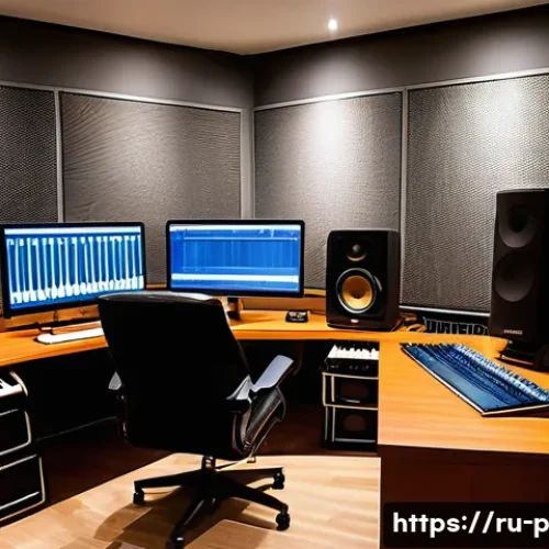Home 11 음향 디자인 개론 - A professional home recording studio setup focused on sound quality: a modern room with acoustic tre...