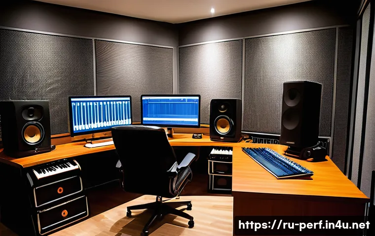 음향 디자인 개론 - A professional home recording studio setup focused on sound quality: a modern room with acoustic tre...