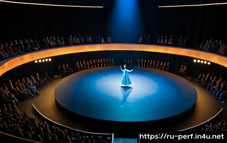 Home 15 공연예술 산업의 트렌드 - Photorealistic wide-angle view of a contemporary Moscow performing arts venue during an immersive th...