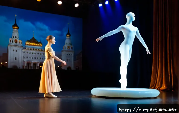 공연예술과 인공지능 - Photorealistic contemporary theater stage in Moscow, a Russian ballet dancer in elegant modest white...